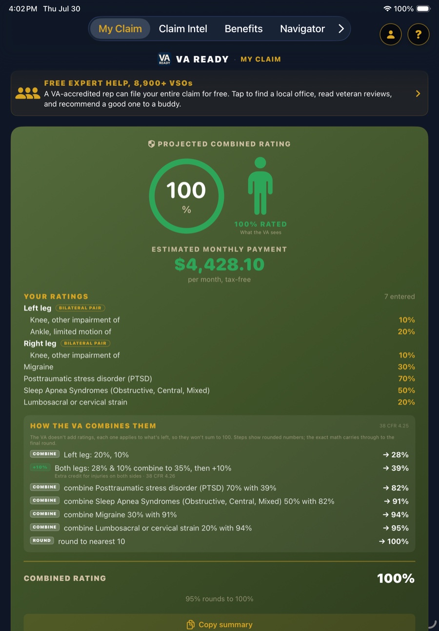 VA Ready showing a combined rating of 100 percent with a step-by-step breakdown of how the VA combined each condition under 38 CFR 4.25, including the bilateral factor under 4.26.