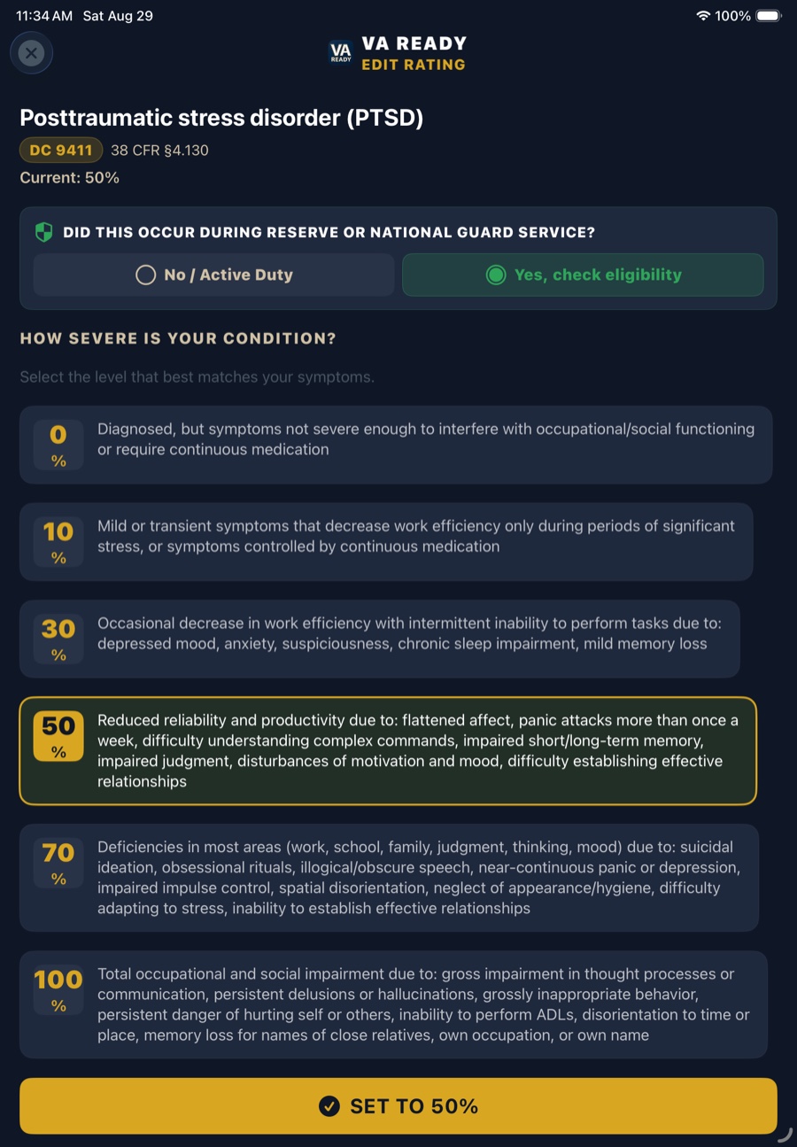 VA Ready showing the 38 CFR 4.130 rating criteria for PTSD, diagnostic code 9411, with the 0, 10, 30, 50, 70 and 100 percent break points listed in full and 50 percent selected.