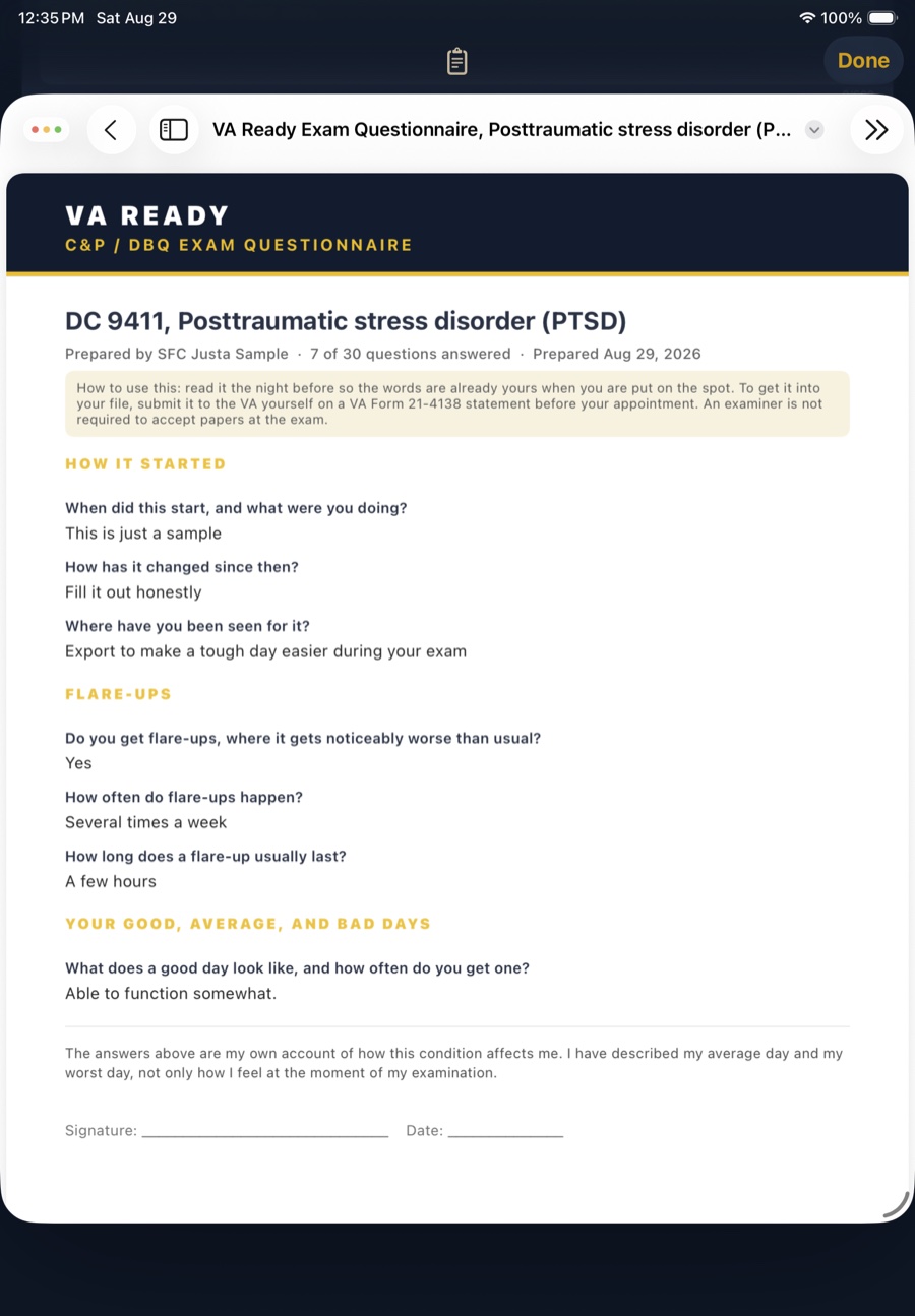 A VA Ready C and P slash DBQ exam questionnaire PDF for PTSD, diagnostic code 9411, with the veteran's own written answers about how it started, flare-up frequency and duration, and what a good day looks like, ending in a signature line.