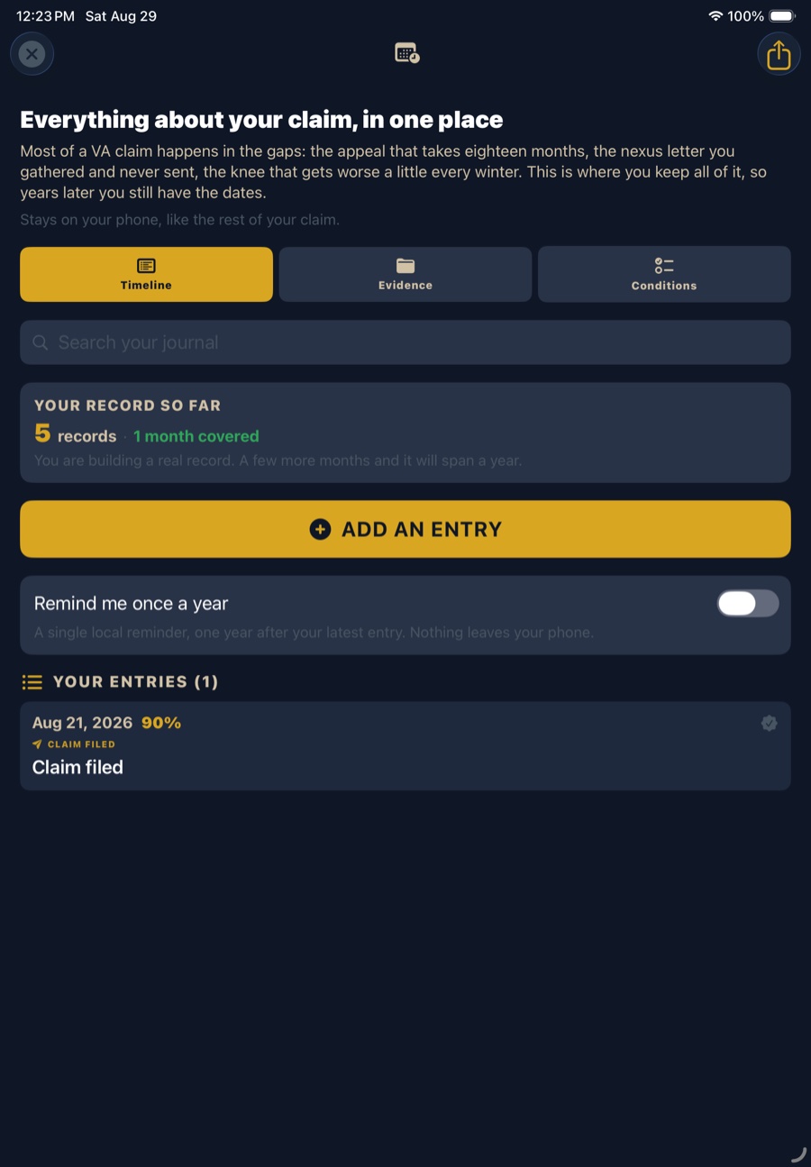 VA Ready claim journal with timeline, evidence and conditions tabs, a searchable dated record, and an annual reminder toggle.