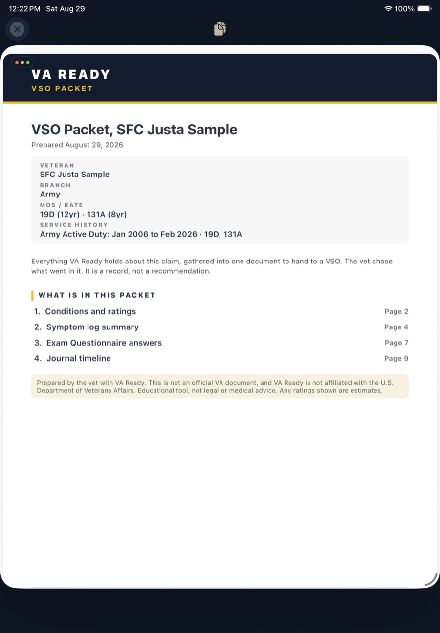 A generated VA Ready VSO packet PDF cover page with service history and a numbered table of contents.