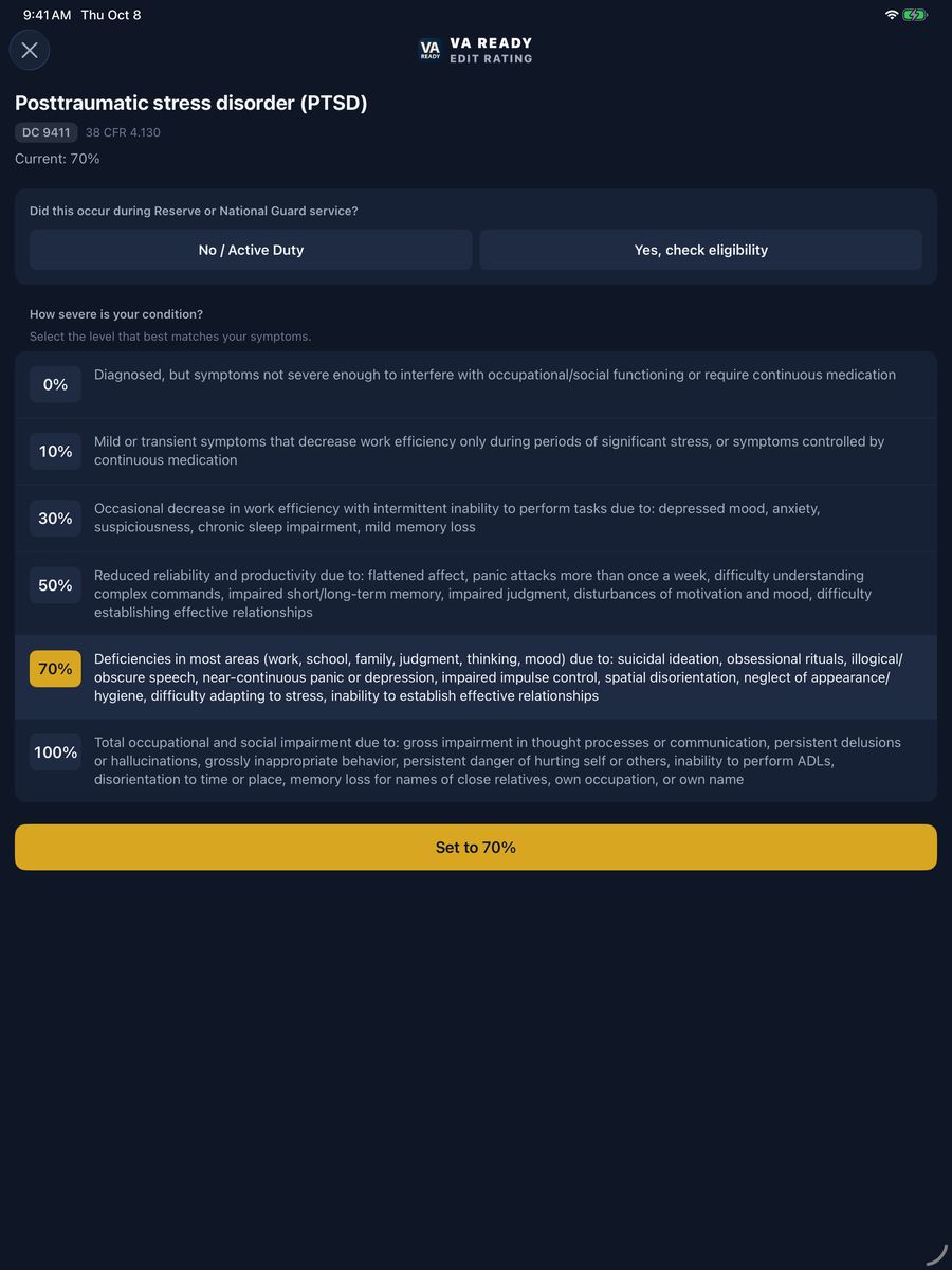 VA Ready on iPad, Pro view: the 38 CFR 4.130 rating criteria for PTSD, diagnostic code 9411, listing the 0, 10, 30, 50, 70 and 100 percent break points in full with 70 percent selected.