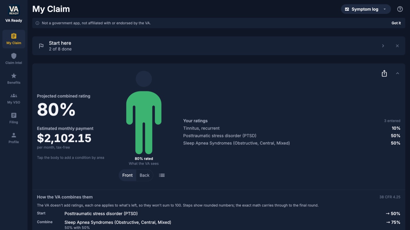VA Ready on Windows, My Claim tab: combined rating, estimated monthly pay and the list of claimed conditions.